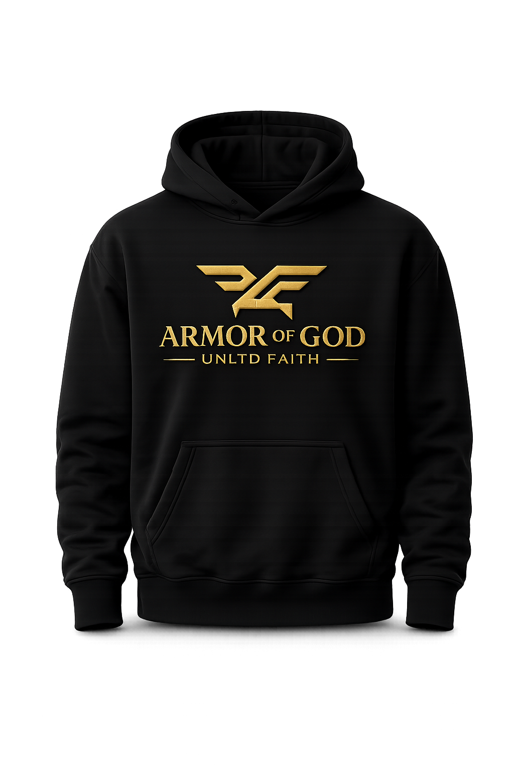 UNLTD FAITH Chapter I Armor of God premium heavyweight black hoodie with gold puff print.