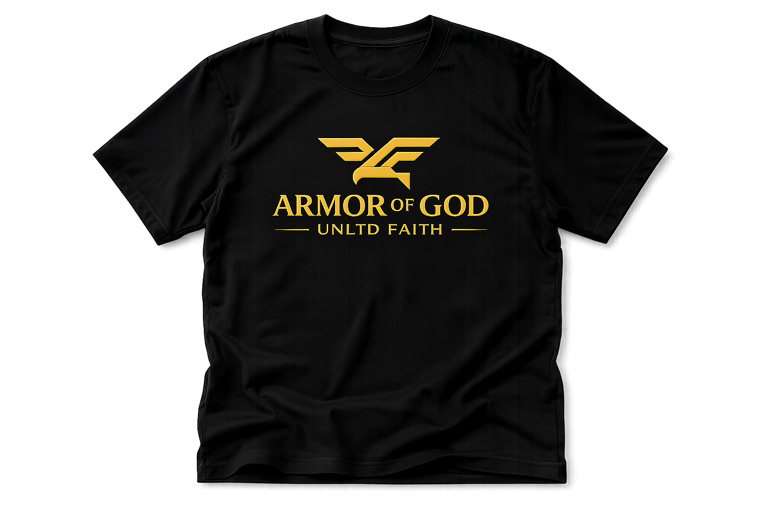 UNLTD FAITH Chapter I Armor of God premium black heavyweight t-shirt with gold puff print.