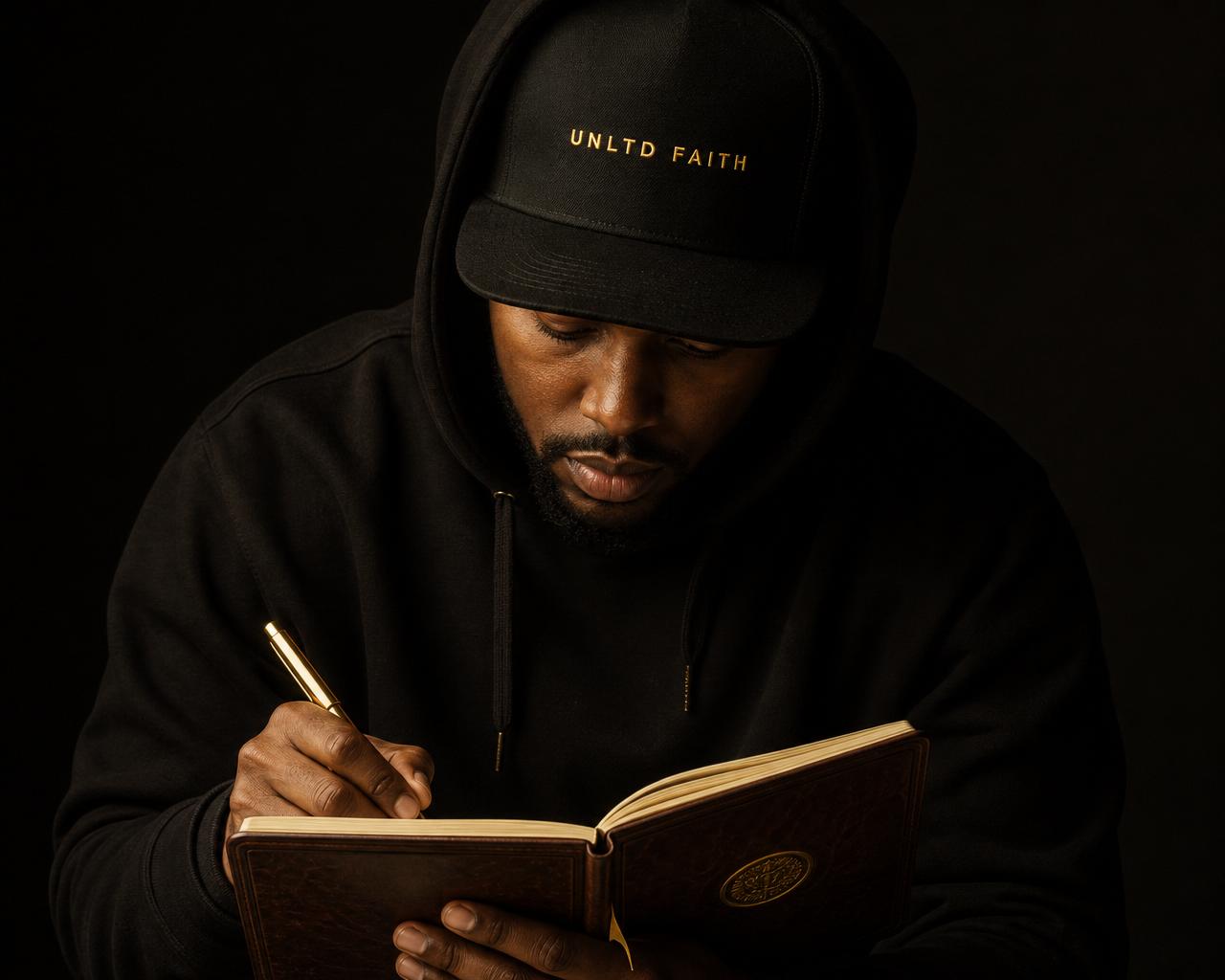 Black man in a hoodie and UNLTD FAITH cap writing in a journal