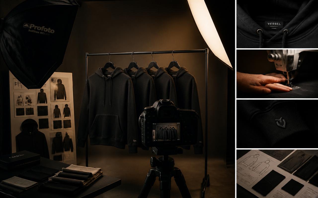 Photography studio with premium apparel and craftsmanship details